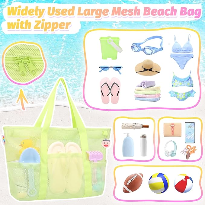 Tagitary Mesh Beach Bag with Zipper Large Beach Tote Waterproof Sandproof with 8 Pockets for Toys Pool Bag Beach Accessories - Image 4