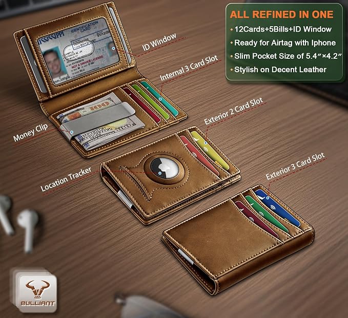 BULLIANT Magnetic Slim Leather Airtag Wallet Money Clip For Men 12Cards | RFID Blocking | Easy Access | Gift Boxed | Pocket Fit - Image 2