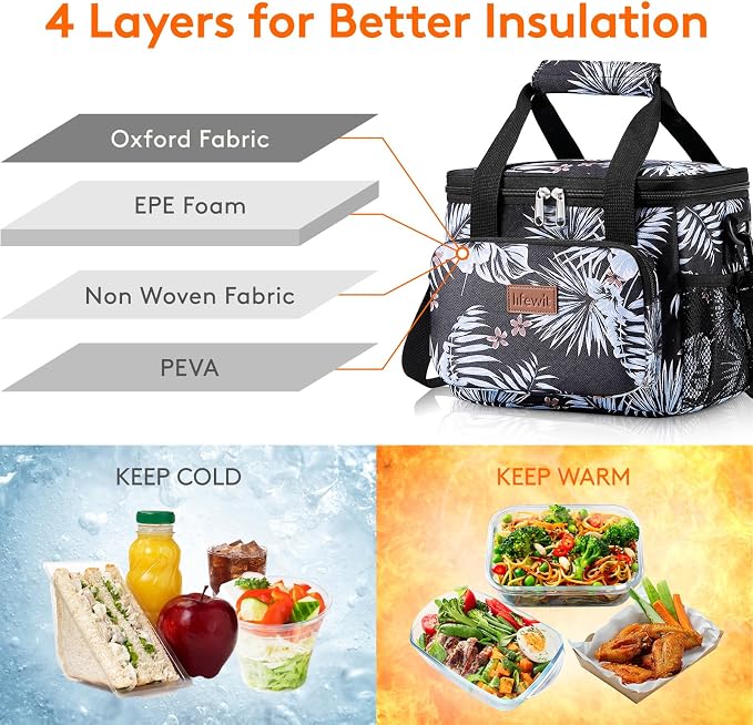 Lifewit Medium Lunch Bag, Insulated Lunch Box, Soft Cooler Cooling Tote for Adult Men Women, Flower 12-Can (9L) - Image 2