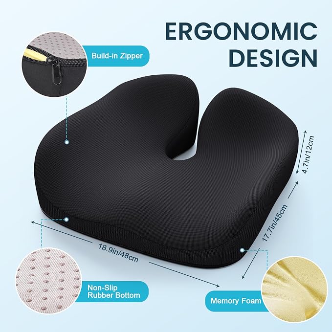Benazcap Memory Foam Seat Cushion, Ergonomic Office Chair Cushion | Memory foam cushion relieves pressure and supports tailbone comfort for office chairs, cars, wheelchairs and home use. - Image 2