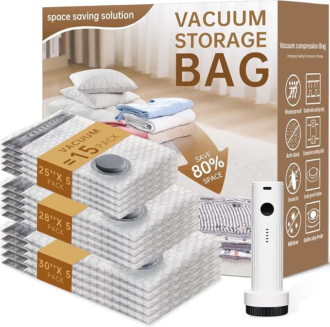 Vacuum Bags for Travel with Wireless Rechargeable Pump, 15 Pack Carry-on Size Compression Packing Seal Bags for Luggage and Suitcase, Space Saver Vacuum Storage Bags for Clothes and Clothing Travel by Unknown