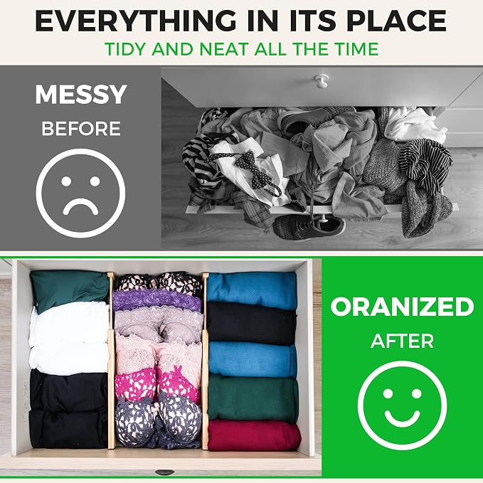4 Pack Bamboo Drawer Dividers Organizer with Inserts 2.6'' High | Expandable from 12.5-21.7", Adjustable Drawer Organizer Separators for Utensils, Clothing, Office, Dresser, Bedroom, (Beige) - Image 5