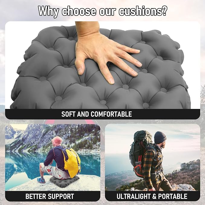 Inflatable Seat Cushion, Lightweight Stadium Seat Pad, Travel Air seat Cushion Anti-Slip for Airplane, Long Flights, Hiking, Climbing, Home and Camping, Compact Air Cushion,Gray - Image 7