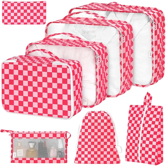 8 Set Packing Cubes for Suitcases,Packing Cube with Shoe,Cosmetics,Clothing, and Accessories Bags Packing Cubes for Travel Luggage Organizer Women Men(Rose Checkered) by Hatisan