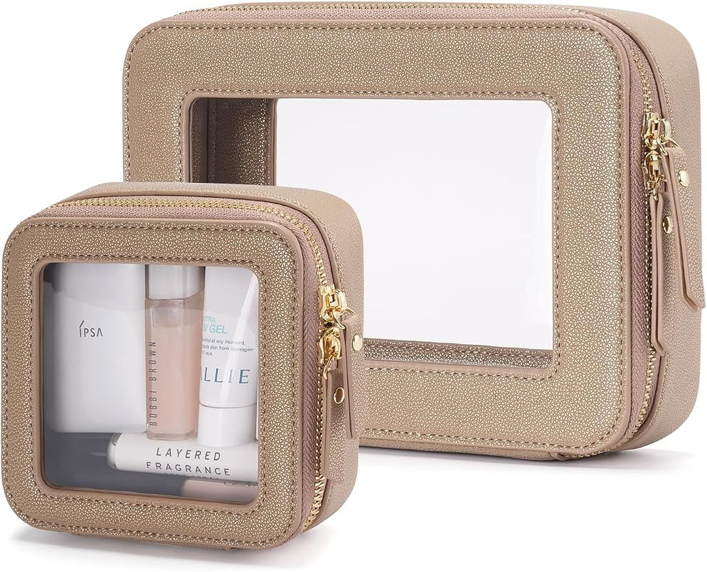 Clear Makeup Case Toiletry Bag Travel Medium Clear Cosmetic Bag with Zipper, Make Up Bag Organizer Traveling TSA Approved Transparent Bag Car for Essentials, Mini & Medium, Gold by POPVIBE