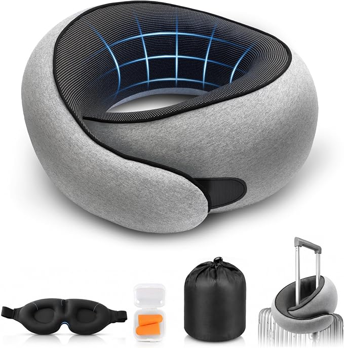 Purroch G-Shape Memory Foam Travel Neck Pillow, Medium Gray | 100% Pure Foam Ergonomic Support for Airplane Flights, Car Trips And Office Naps, Includes Eye Mask and Ear Plugs by PurrochLife