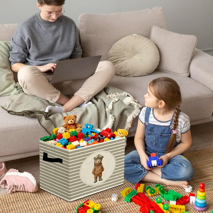 Rustic Aviation Bear Storage Bins Boxes with Handles | toys books clothes, grey striped nursery foldable basket for organizing bedroom toddler room playroom - Image 4