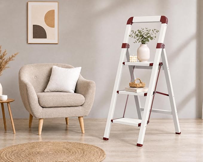 Step Ladder 3-Step White Finish Aluminum Iron Folding Ladders | Anti-slip Sturdy Foldable Ladder Step Stool for Kitchen Home Office Libaray - Image 4