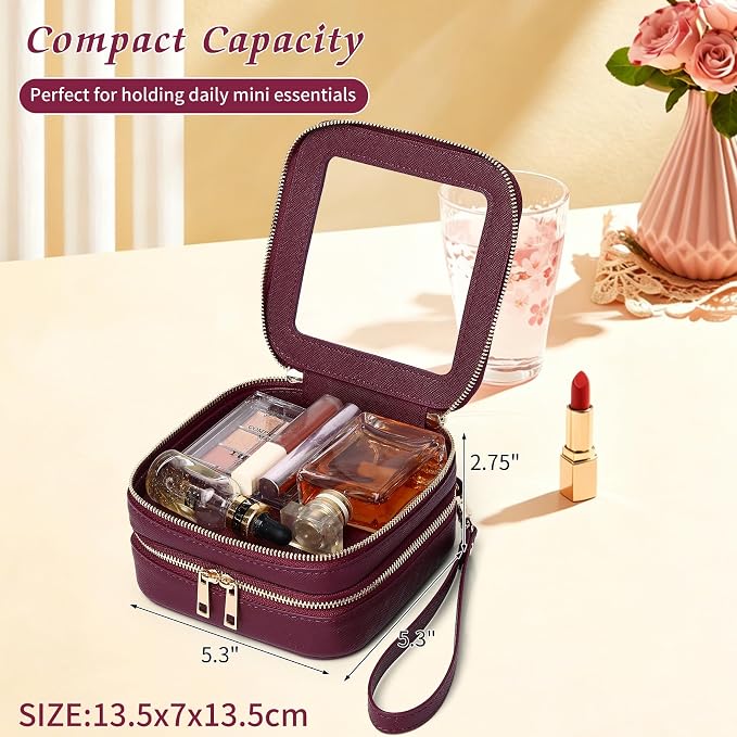 Pinkmik Double Layer Makeup Bag (Burgundy, 2-Layer MINI) | Small Clear Makeup Pouch, Mini Travel Cosmetic & Toiletry Bag, Purse Organizer, Car Essentials for Women - Image 4