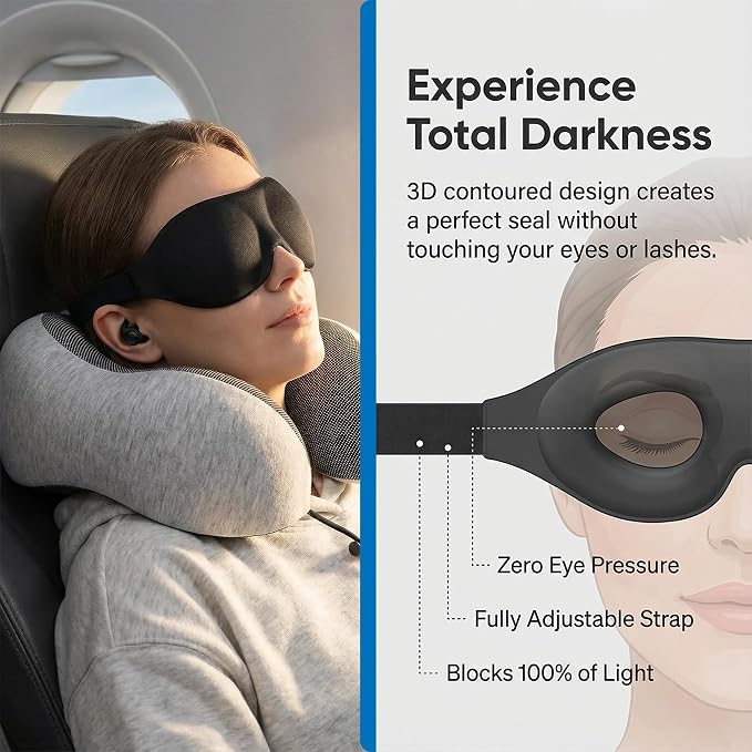 Memory Foam Travel Neck Pillow for Airplane, Adjustable Neck Pillow for Traveling with Removable Washable Cover, Ergonomic Head & Chin Support, Includes Sleep Mask, Earplugs & Travel Bag - Image 6