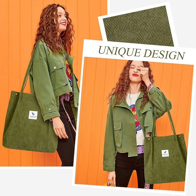 LHMTQVK Corduroy Tote Bags for Women, Large Capacity Tote Purse Reusable Grocery Shoulder Bag with Inner Pockets - Image 7