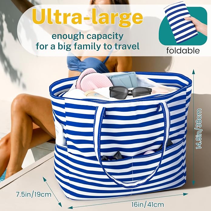 Iioscre Beach Bag for Women, Causal Hobo Handbags with Zipper Inner Pocket | Foldable Swim Tote Bag for Beach Vacation Essentials - Image 2