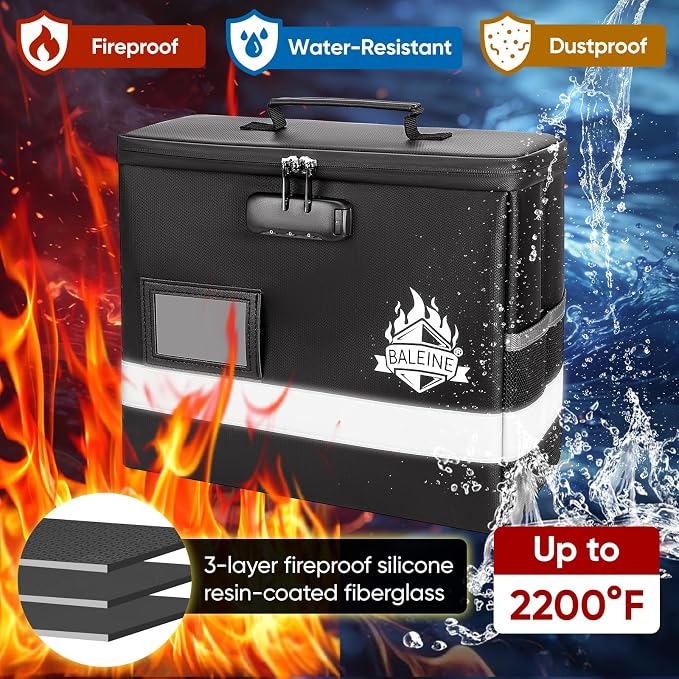 BALEINE Fireproof Document Box with Lock, Portable Fireproof Document Bag Waterproof Fire Proof File Boxes for Documents, File Organizer Box for Important Paperwork (Black, 12.5''x10.5''x6'') - Image 5