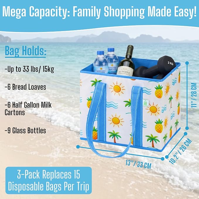 VENO 3 Pack Reusable Grocery Shopping Bags Utility Tote w/Sturdy Handles | Heavy Duty Storage Box with Hard Bottom, Foldable Picnic Basket for Groceries Shopping Cart Trunk(Tropical Island, 6 Gallon) - Image 2