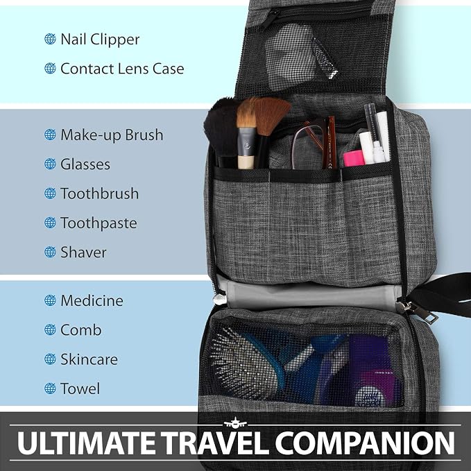 Fosmon Hanging Travel Toiletry Bag, Compact Travel Organizer | Water-resistant nylon, multiple pockets for toiletries/makeup, lightweight, ideal for men/women, shower and travel use. - Image 2