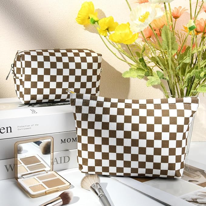 SOIDRAM 2 Pcs Checkered Makeup Bag Large Cosmetic Bag Toiletry Bag Makeup Pouch Travel Bag Organizer Cute Makeup Brushes Aesthetic Accessories Storage Bag for Women Coffee Brown - Image 2