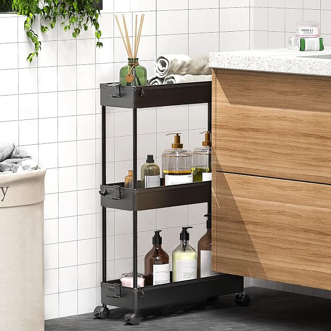 SPACEKEEPER Slim Rolling Storage Cart, 3 Tier Bathroom Storage Organizer Laundry Room Utility Cart Mobile Shelving Unit, Multi-Purpose for Kitchen Office Bathroom Laundry Narrow Places, Black | Narrow Rolling Cart with Wheels for Kitchen Office Bathroo... - Image 6