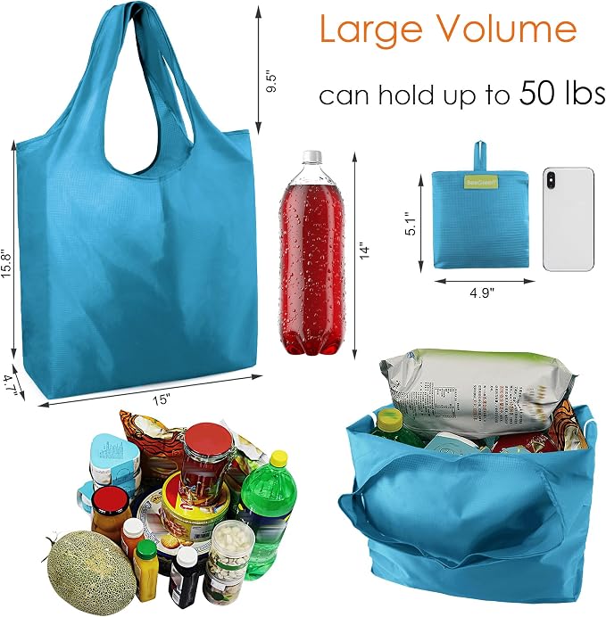 BeeGreen Light Blue Reusable Grocery Bags Wholesale Blue Reusable Kitchen Bags Bulk Foldable-Machine Washable with Zipper Storage Pouch 50 Packs - Image 3