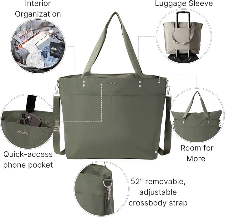 Baggallini Carryall Tote - Lightweight Nylon Zipper Top Weekender Travel Beach Bag w/Luggage Sleeve - Image 3