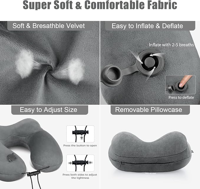 Inflatable Travel Neck Pillow for Airplanes, Super Soft Velvet Neck Support, Adjustable Firmness, Blow Up Plane Pillow for Long Flights, Road Trips, Travel Essentials with Eye Mask, Earplug - Image 4