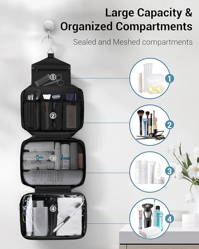 Maliton Toiletry Bag for Men & Women Travel Toiletry Bag Hanging Toiletry Bag Hygiene Bag with 4 Compartments Waterproof Bathroom Shower Bag for Traveling(Black) - Image 2