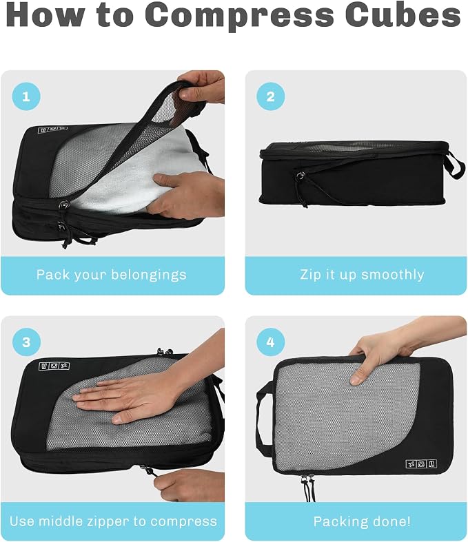 6 Set/ 4 Set/ 2 Set Compression Packing Cubes Travel Essentials Lightweight Nylon Luggage Suitcase Organizer Bag Black 4PCS - Image 6