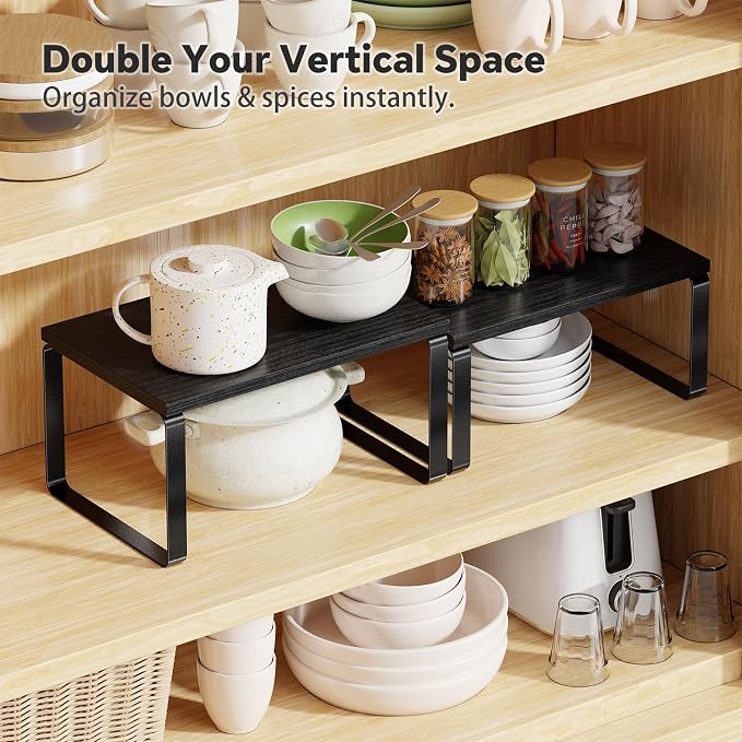 Simple Trending Cabinet Organizer Shelf, Set of 2 Stackable Kitchen Counter Shelves, Expandable Spice Rack Kitchen Storage Riser, Metal Engineered Wood, Black - Image 4