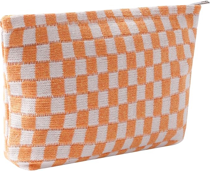 Cosmetic Bags for Women - Corduroy Cosmetic Bag Aesthetic Women Handbags Purses Smile Dots Makeup Organizer Storage Makeup Bag Girls Case Bags (Q-Checkered orange) by Gardsell