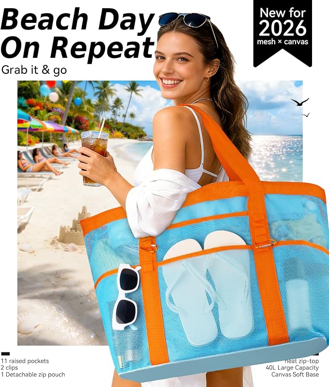 Chic Cruise Essentials Beach Bag for Women, Large Zip Top Tote, 11 Pockets | 40L+ Spacious;Mesh × Canvas;Zipper Pouch;Secure Zip-Top;Sand-Resistant Base - Image 2