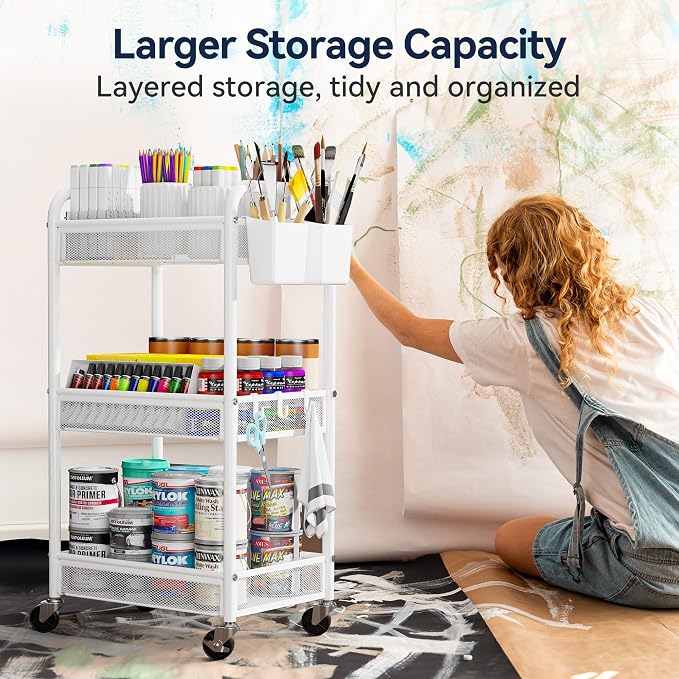 3 Tier Metal Rolling Cart, White Utility Storage Cart with Wheels | Metal Mesh Craft Cart With Hooks & Hanging Cups, Ideal For Kitchen, Bathroom, Office, Dorm, Art Workspace, Bedside Storage - Image 5