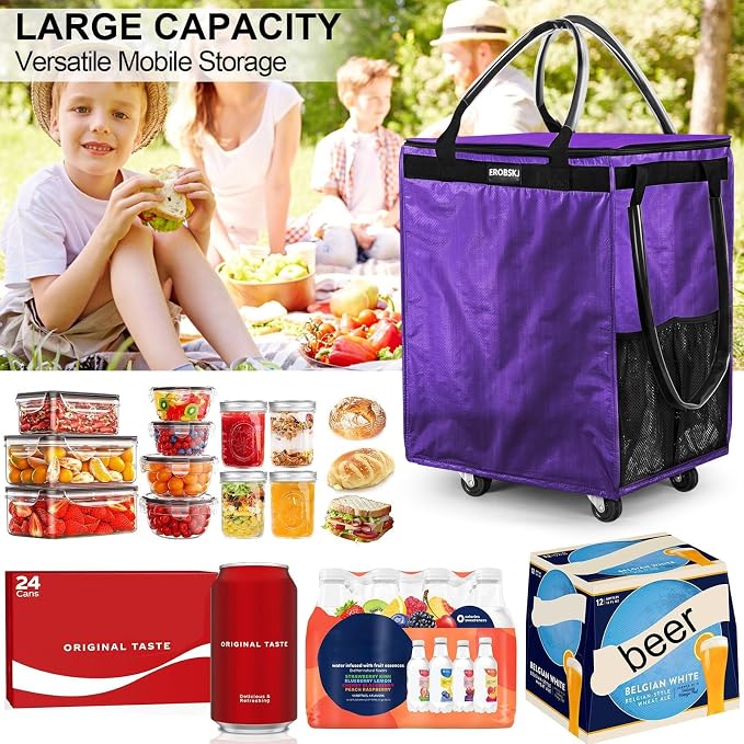 (Medium,Violet) Reusable Grocery Bag on Wheels, 70L Foldable Rolling Tote, Extra Storage for Shopping, Zipper Clouser Shopping Carts for Groceries, Laundry, Camping, Moving, 4 Heavy Duty Wheels | 70L Extra Storage for Shopping, Zipper Clouser Shopping ... - Image 6
