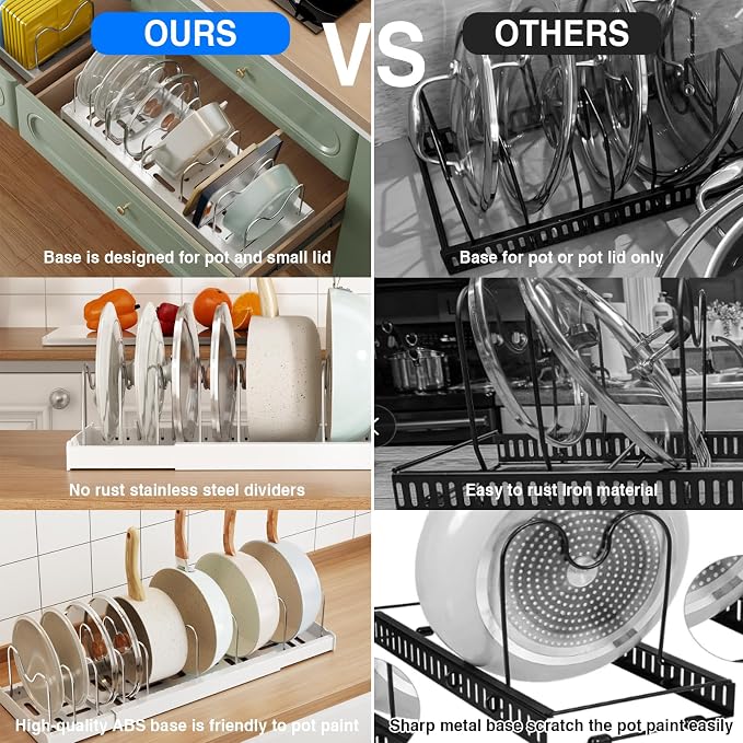 Mustorn 2 Pack Pots and Pans Organizer Under Cabinet, 22" Expandable Food Storage Container Lid Organizers with 9 Adjustable Dividers Pot and Pan Lid Holders Rack Inside Cabinet/Countertop(White) - Image 5