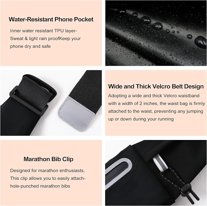 Running Belt Fanny Pack: 3 Pocket Waist Bag for Men Women Workout Exercise Fitness Phone Holder Fits All Phones with Bib Clip, Black - Image 6