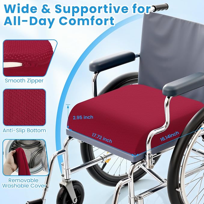 Wheelchair Seat Cushion for Pressure Relief, Cooling Gel Memory Foam Chair Cushion with Slope-Edge Design, Coccyx Support for Tailbone Pain, Non-Slip, for Wheelchairs, Office Chairs & Car Seats, Red - Image 7