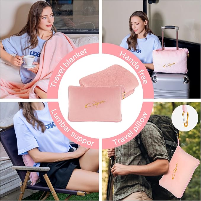 Travel Blanket and Pillow Set, 300 GSM Soft Fleece, 60x43 Inches, 3-in-1 Compact with Bag, Pink - Image 3
