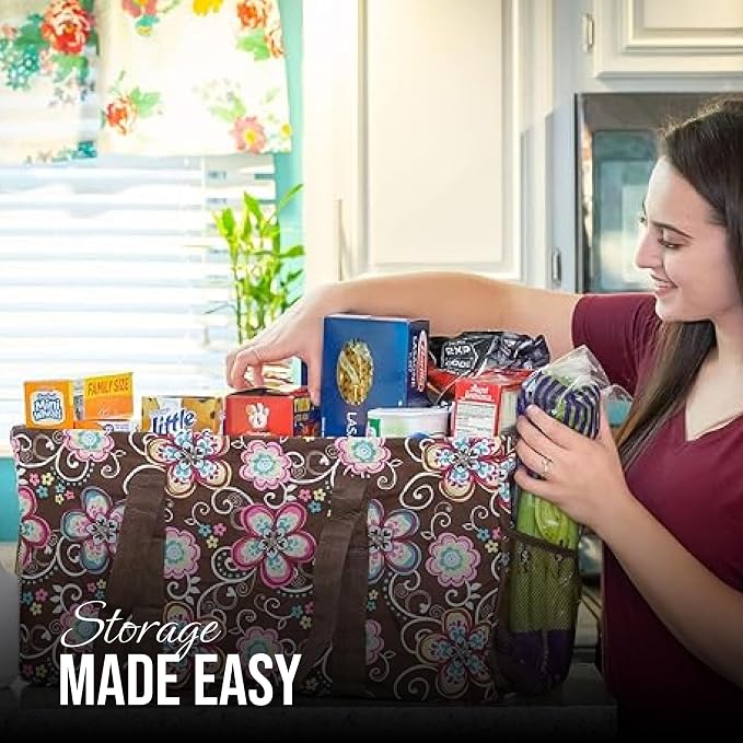 Extra Large Utility Tote Bag - Oversized Collapsible Reusable Wire Frame Rectangular Canvas Basket With Two Exterior Pockets For Beach, Pool, Laundry, Car Trunk, Storage - Brown Daisy - Image 2
