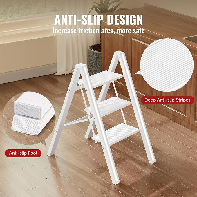 3 Step Ladder, Folding Step Stool with Anti-Slip Wide Pedal | Lightweight, Aluminum Material, 330LBS Load, Portable, Easy Storage, Space Saving, for Kitchen, Bedroom Use, White - Image 4