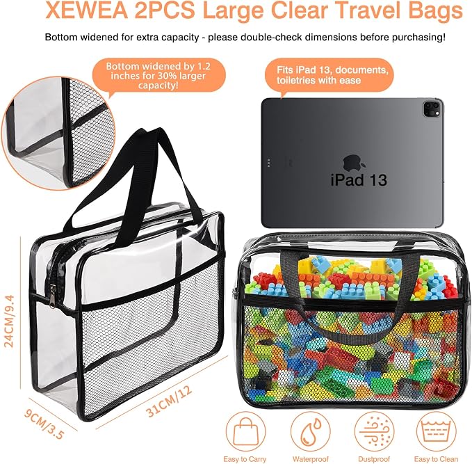 XEWEA 2PCS Large TSA Approved Clear Travel Toiletry Bags For Men Women | Transparent Makeup Cosmetic Bag with Handle Pocket, Waterproof PVC Quart Organizer for Toiletries Airline Essential, Black - Image 2