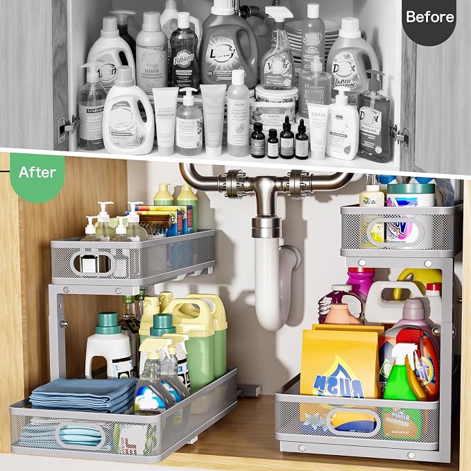 Under Sink Organizer 2 Pack, High Adjustable 2 Tier Under Sink Organizers and Storage, Slide out Metal Cabinet Organizers, Pull out Storage Drawer Shelf for Kitchen Bathroom Cabinet (Gray) - Image 3