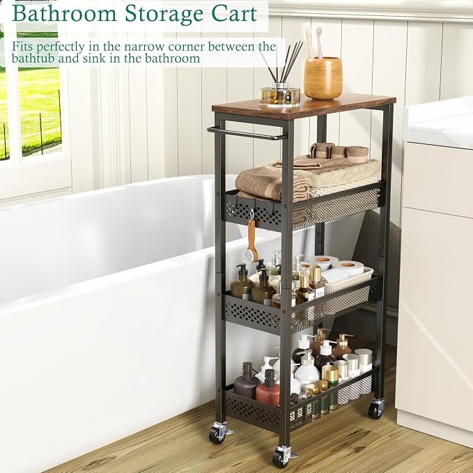 XYZLVSI Slim Rolling Storage Cart, 4 Tier Small Bathroom Cart Organizer | 9.1" W narrow storage cabinet with wooden top and metal handle, ideal for kitchen/dorm, between washer and dryer storage - Image 2