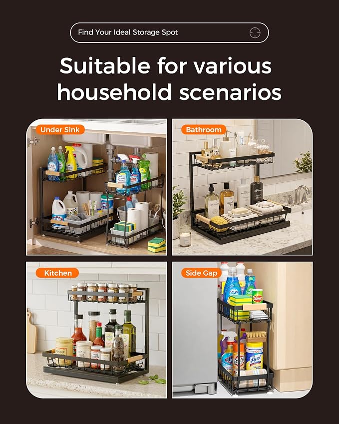 2026 Upgraded 3-Pack 2-Tier Adjustable Height Under Sink Organizer, Black | Multi-purpose metal storage shelf with sliding shelves for kitchen, bathroom, pantry & laundry cabinet - Image 7