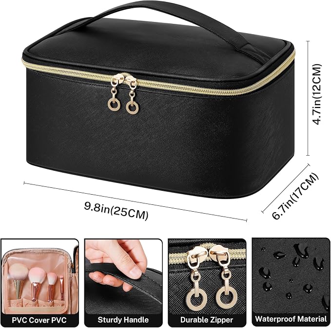 senbowe Travel Makeup Bag, Large Capacity Cosmetic Bags for Women,Portable Waterproof Leather Toiletry Bag Make Up Organizer Bag with Divider and Handle - Image 2