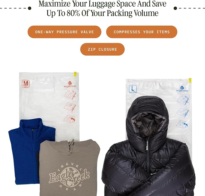 Eagle Creek Pack-It Compression Bags for Travel Set, Medium/Large, Clear | Featuring One-Way Pressure Valve and Zip, for Efficient Travel Bag Packing, Water-Resistant - Image 2