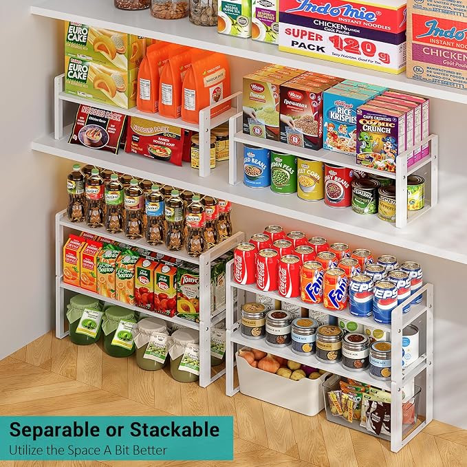 2 Pack Expandable Cabinet Organizer Shelves, 88lbs High Weight Capacity, Stackable Heavy-Duty Metal Storage Rack, Adjustable Cabinet Shelf for Kitchen, Pantry, Cupboard, Under Sink, White - Image 5