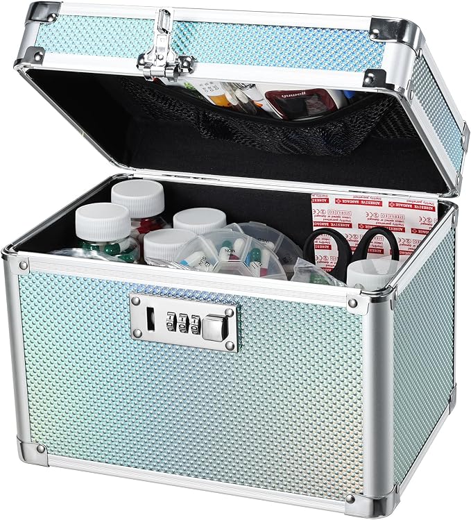 Lockable Medicine Storage Box - Turquoise Cabinet Med Lock Organizer, 10 x 7 x 7.9 Inches Safe Med Case with Lock for Home, Dorm, Office, or Travel by AdazzoRollingMakeupCase