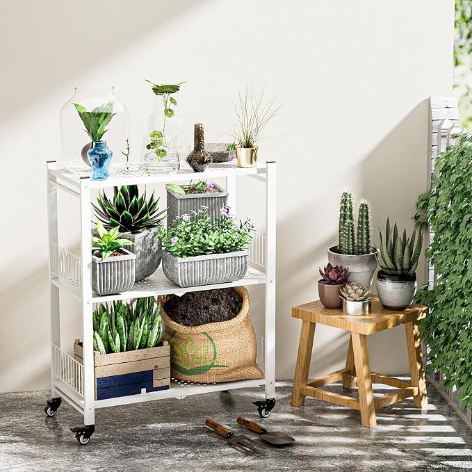Folding Storage Shelves No Assembly, 3 Tier Foldable Shelves with Wheels, Collapsible Rolling Storage Rack for Pantry Laundry Room Small Spaces, White - Image 5