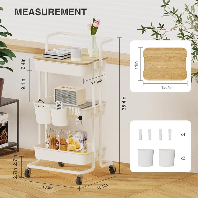 DTK 3 Tier Rolling Utility Cart with Cover Top Board, Movable Kitchen Storage Cart Trolley with Lockable Wheels, Cups, Hooks for Kitchen Bathroom Home Office Art Craft Storage and Organization(White) - Image 2