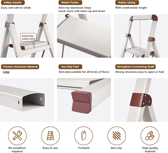 Step Ladder 2-Step White Finish Aluminum Iron Folding Ladders | Anti-slip Sturdy Foldable Ladder Step Stool for Kitchen Home Office Libaray - Image 3