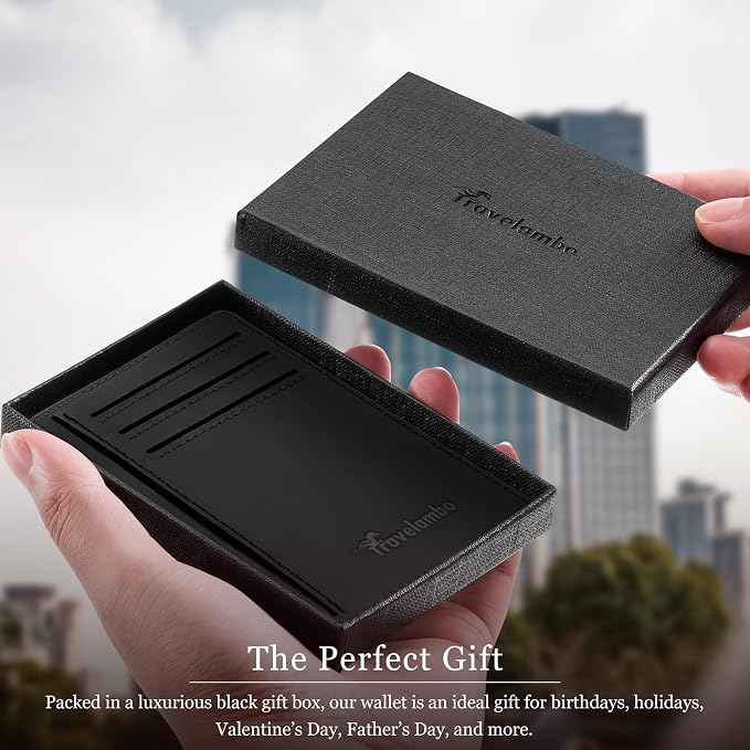Travelambo 100% Genuine Leather Wallet for Men and Women, Slim Minimalist RFID Blocking Front Pocket Credit Card Holder with Gift Box(CH Black) - Image 6