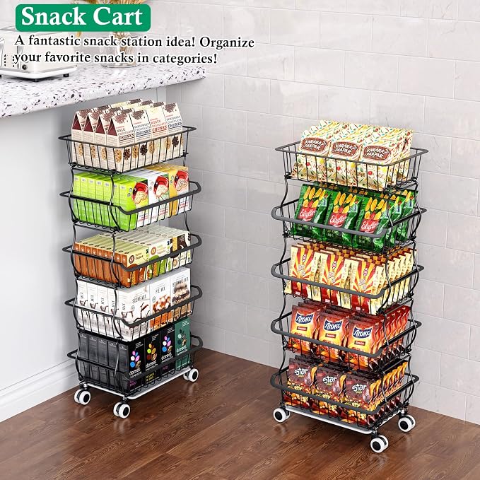 OKZEST 5 Tier Fruit Basket for Kitchen, Stackable Bins Wire Rack with Wheels, Fruit and Vegetable Storage Basket Pantry Food Snack Organizer Shelf, Kitchen Storage Cart for Onion and Potato, Produce | Kitchen pantry organizer rack with dirt catch tray,... - Image 4